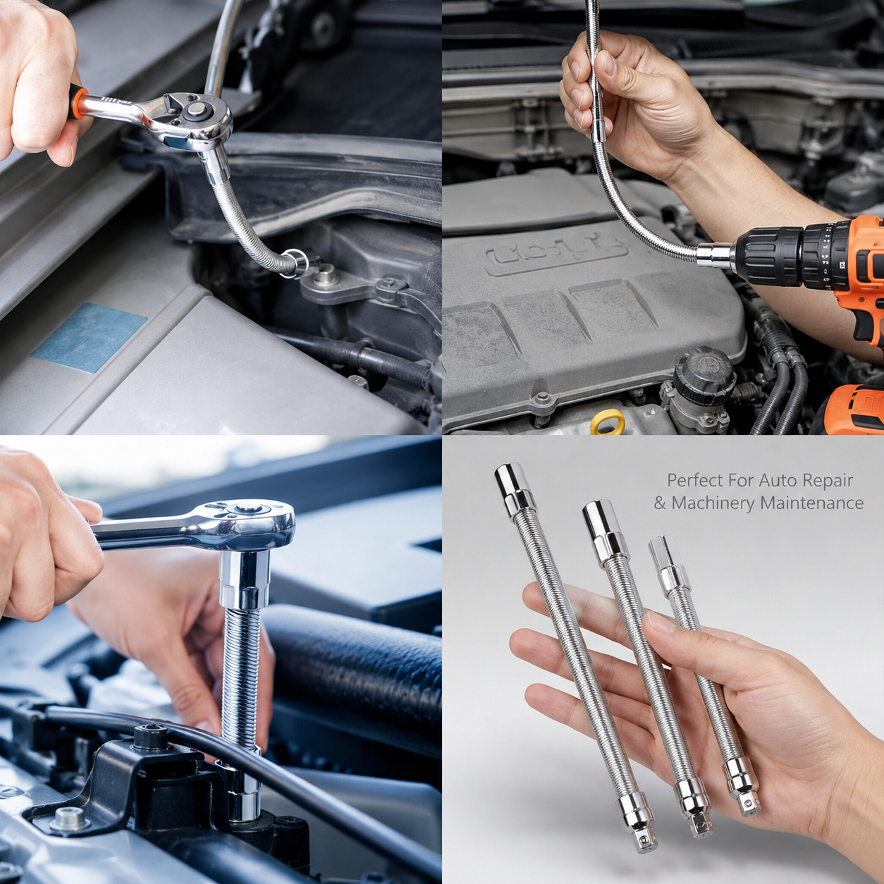 Universal Flexible Spring Socket Extension Bar, 1/4" 3/8" 1/2" Drive Bendable Extension Rod for Hard-To-Reach Narrow Spaces