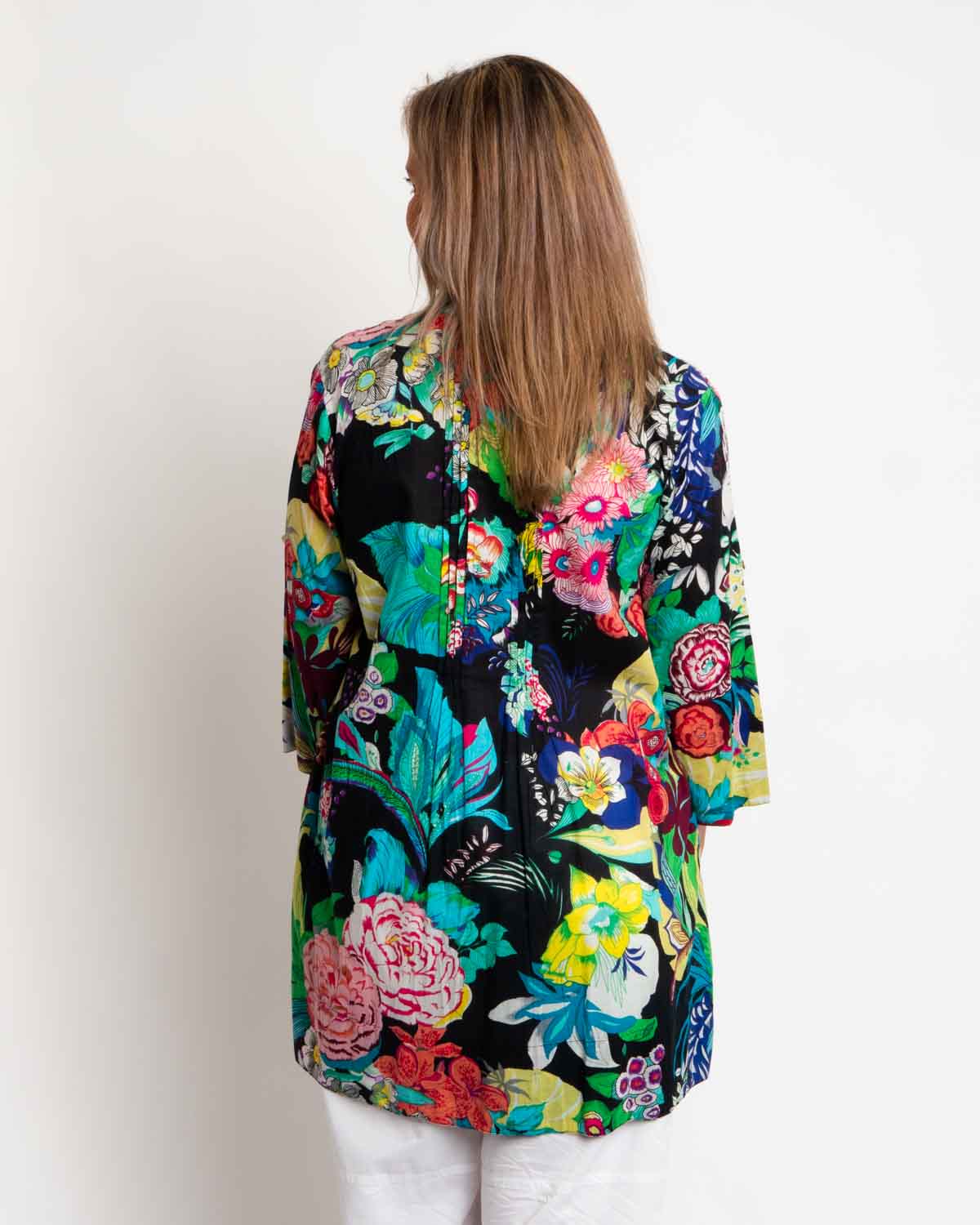 Pleated Long V-neck Top in Black Floral
