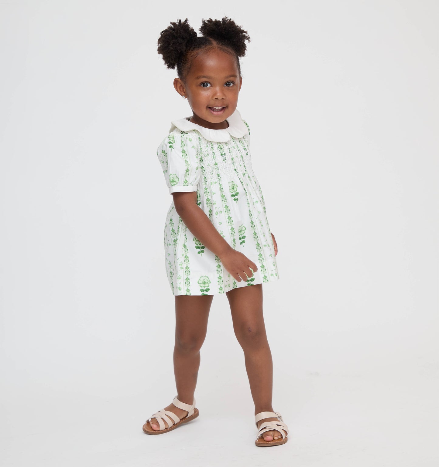 The Tiny Mina Nap Dress - White/Green Arcadia Border