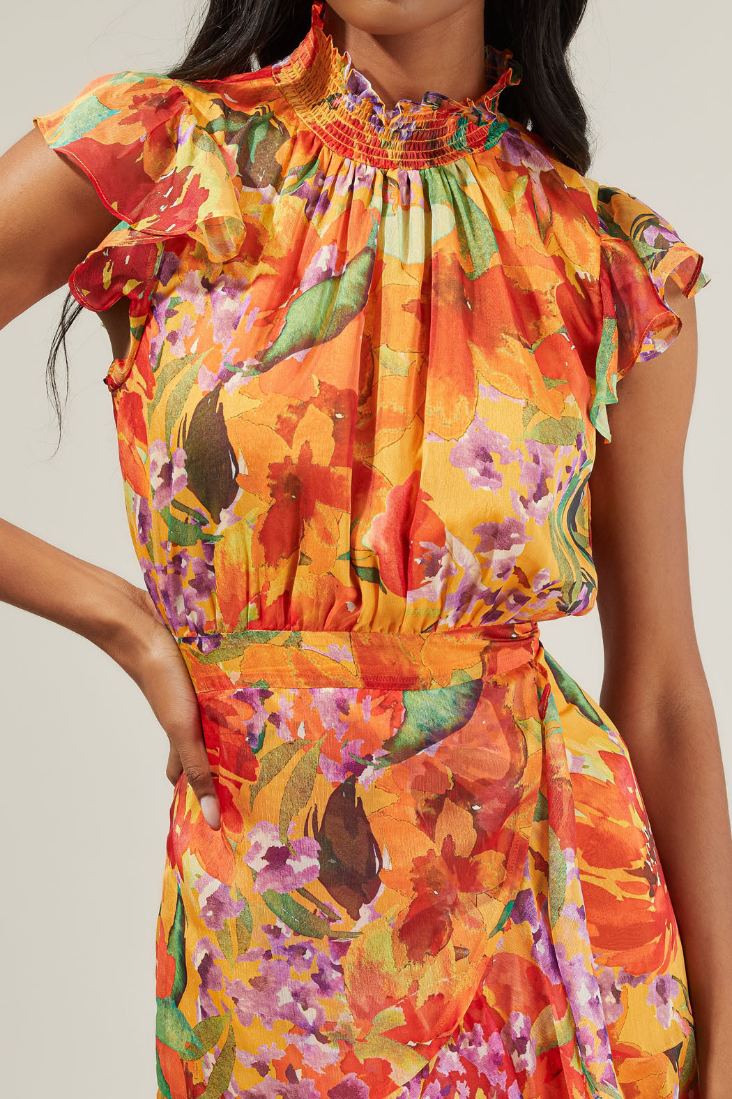 Delilah Floral Blouson Drape Tiered Midi Dress