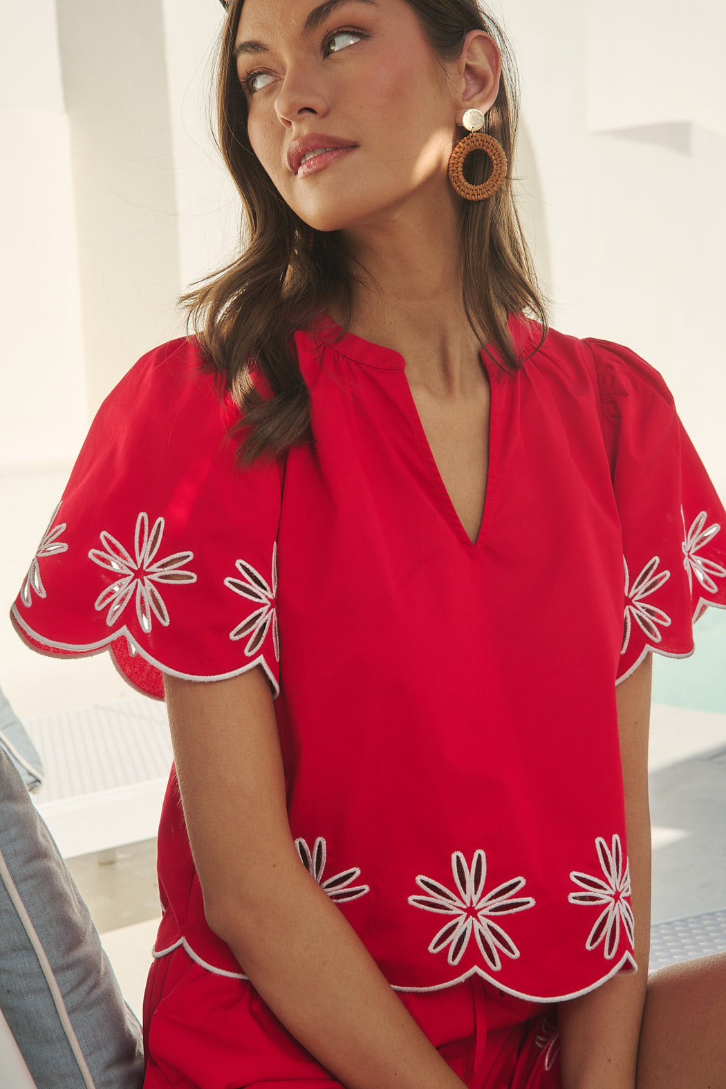 Dayna Embroidered Scallop Split Neck Top