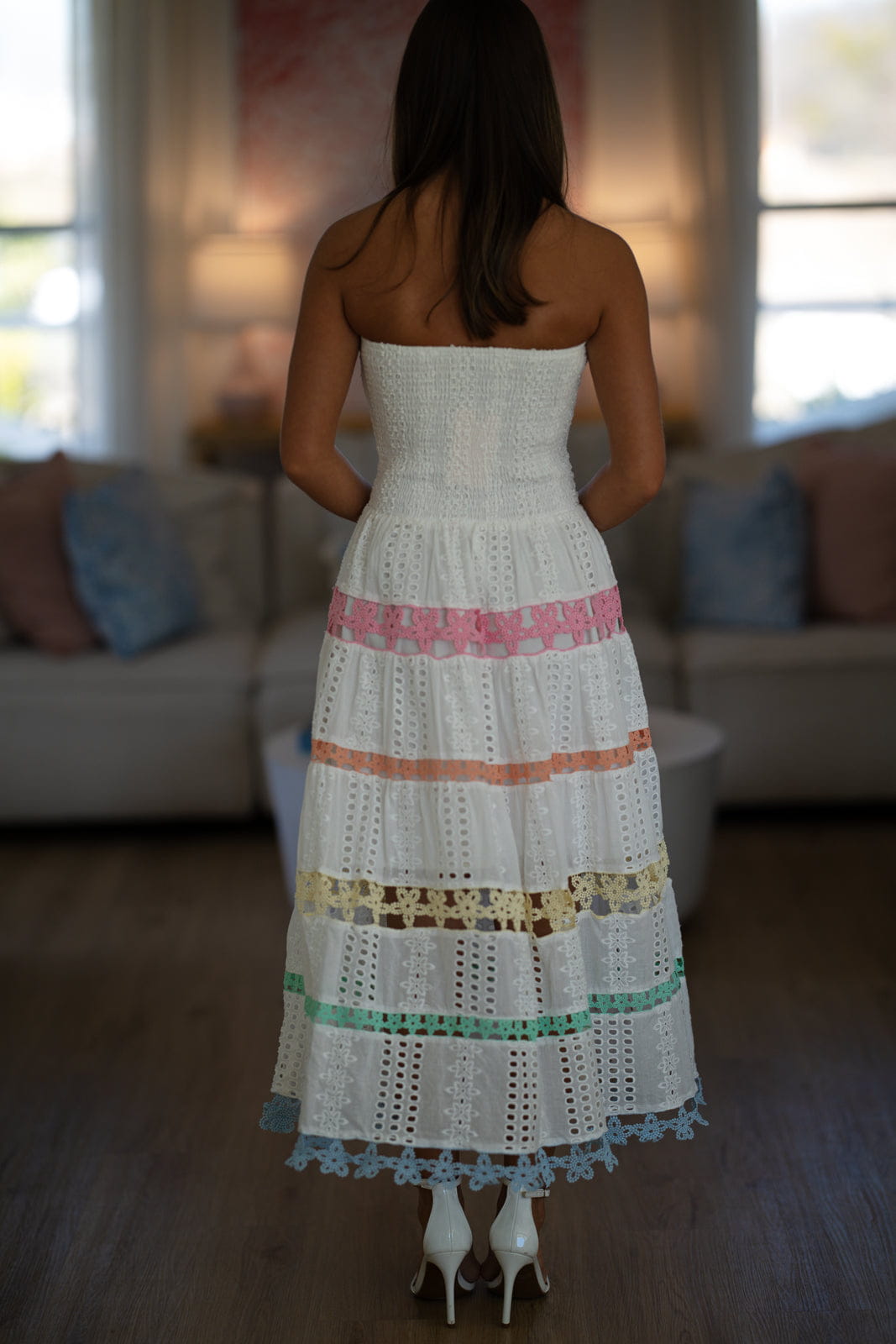 Early Evening Midi Dress - White, Pink, Orange, Green and Blue