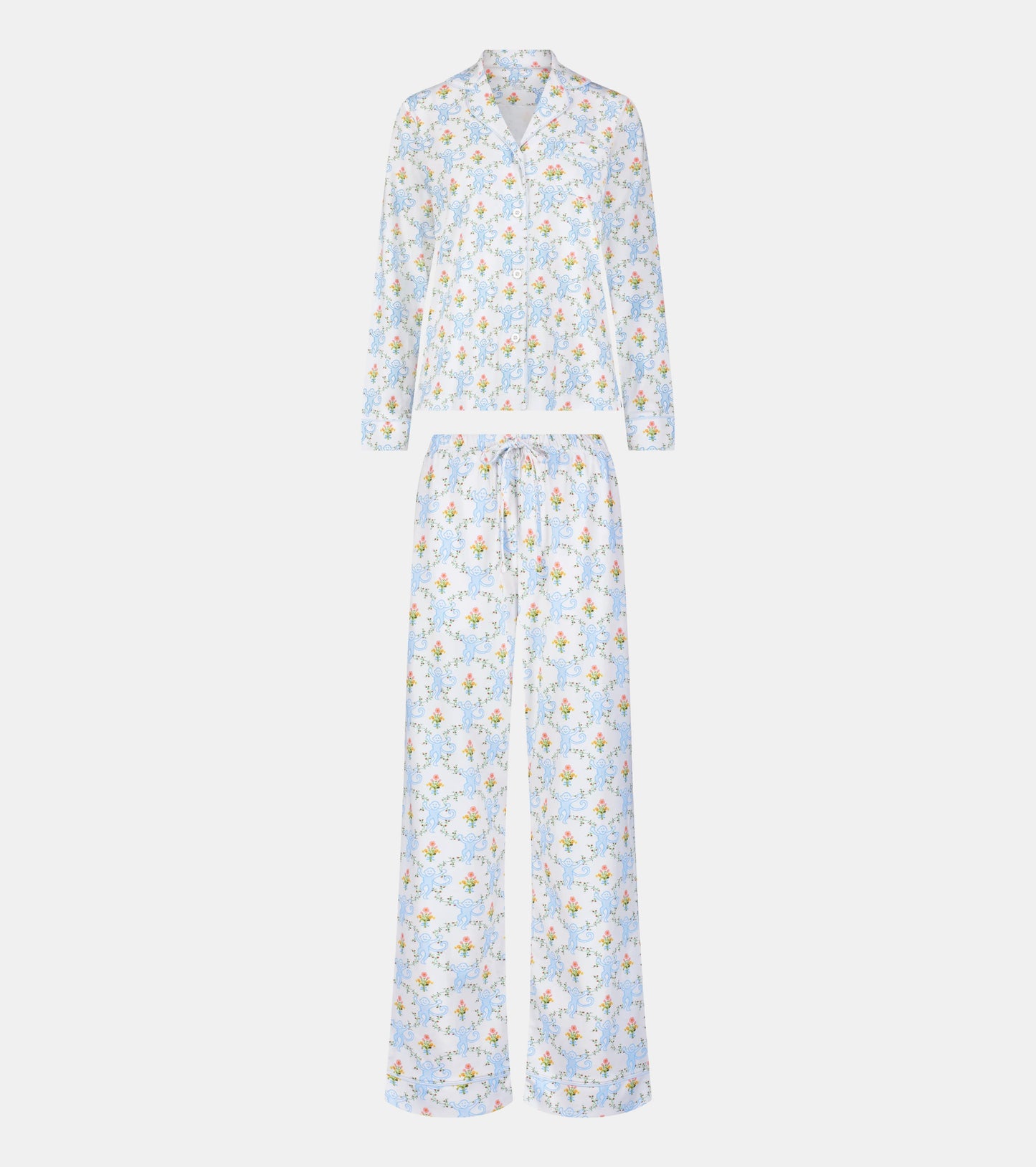 Roller Rabbit x Hill House Long Sleeve Polo Pajamas - Blue Floral Monkey Trellis