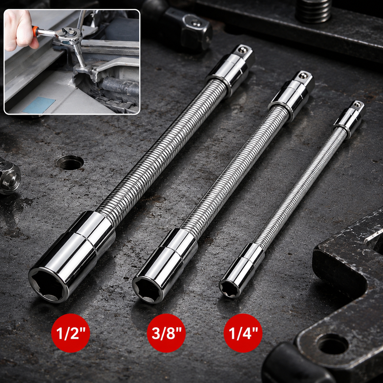 Universal Flexible Spring Socket Extension Bar, 1/4" 3/8" 1/2" Drive Bendable Extension Rod for Hard-To-Reach Narrow Spaces
