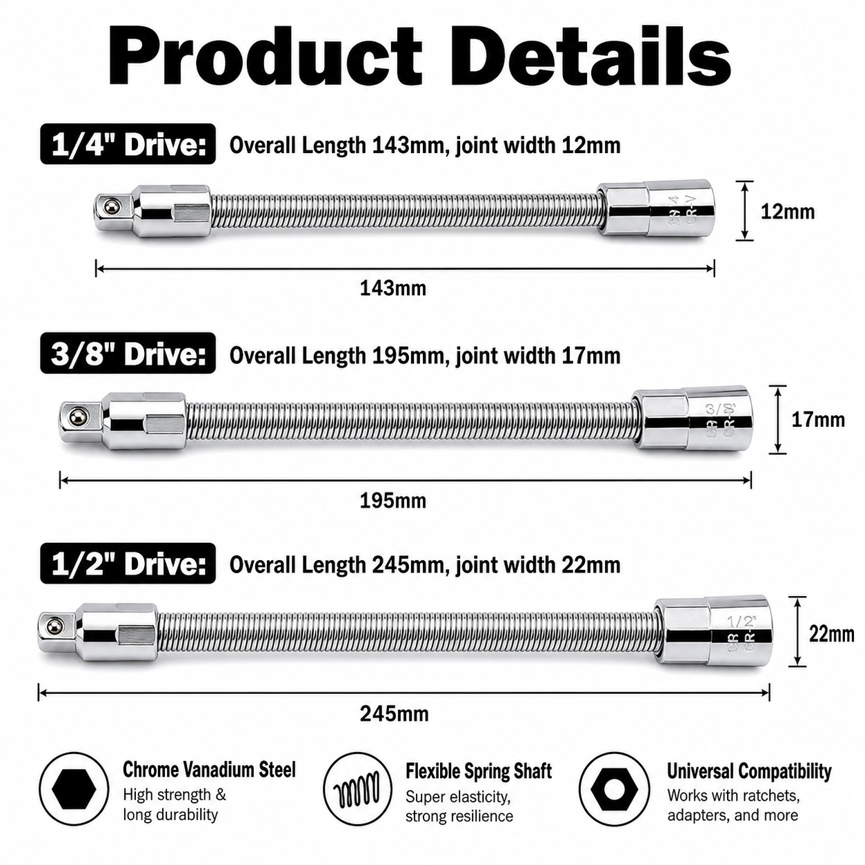Universal Flexible Spring Socket Extension Bar, 1/4" 3/8" 1/2" Drive Bendable Extension Rod for Hard-To-Reach Narrow Spaces