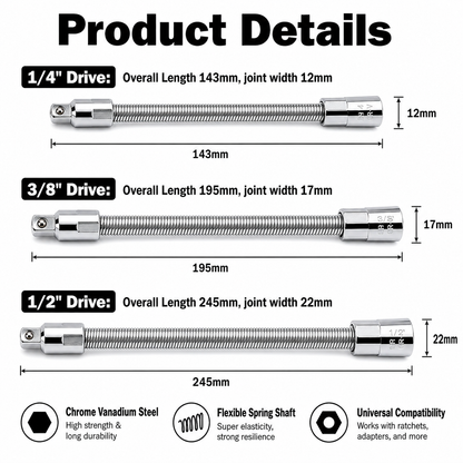 Universal Flexible Spring Socket Extension Bar, 1/4" 3/8" 1/2" Drive Bendable Extension Rod for Hard-To-Reach Narrow Spaces
