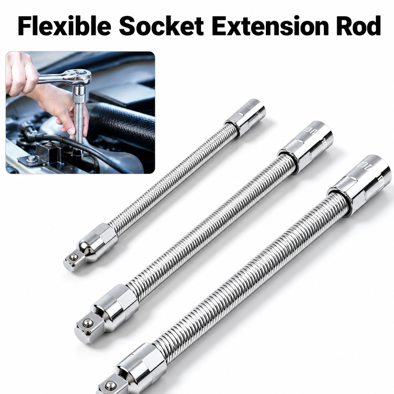 Universal Flexible Spring Socket Extension Bar, 1/4" 3/8" 1/2" Drive Bendable Extension Rod for Hard-To-Reach Narrow Spaces