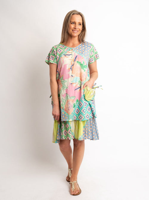 Orpheus Lined Cap Sleeve Dress in Pink/lime Print
