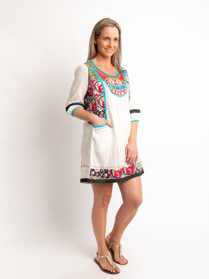 Embroidered Tunic Top in Moss Cotton and Cotton Silk