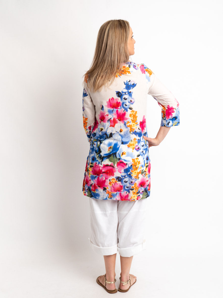 V-neck Long Kurta Style Top in Pink and Blue Floral