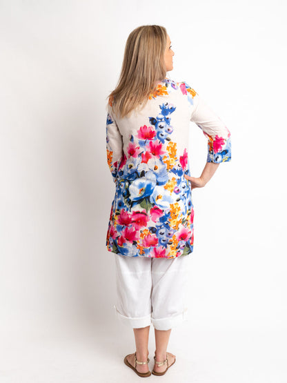 V-neck Long Kurta Style Top in Pink and Blue Floral
