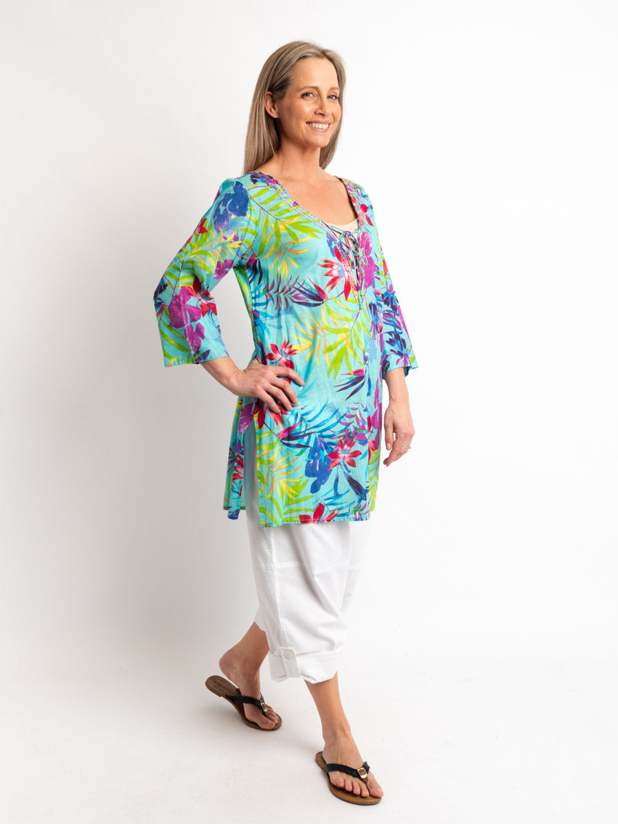 V-neck Long Kurta Style Top in Turquoise Tropical