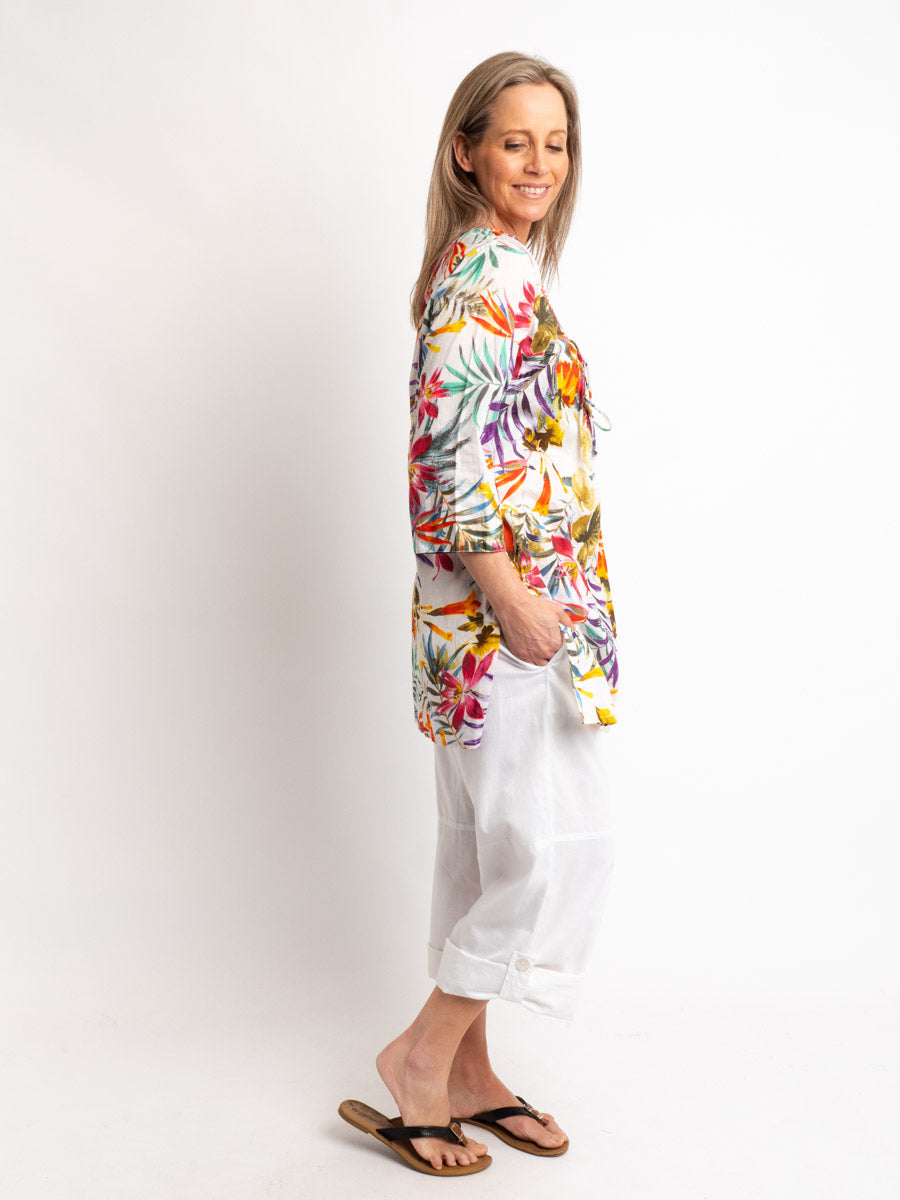 V-neck Long Kurta Style Top in White Tropical