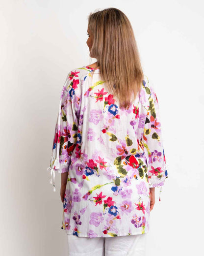 Pleated Round Neck Top in Lilac print on white background
