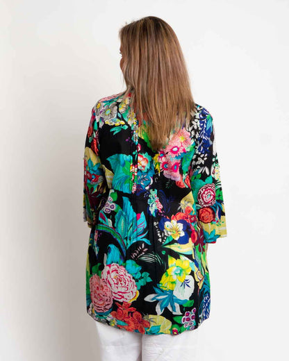 Pleated Long V-neck Top in Black Floral