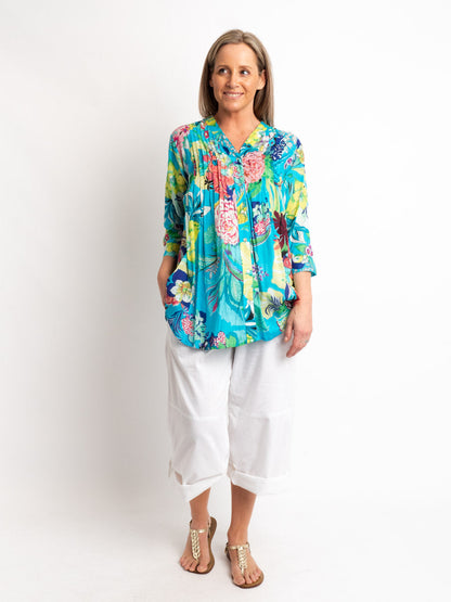 Long Button Through Pleated Shirt in Azure Floral