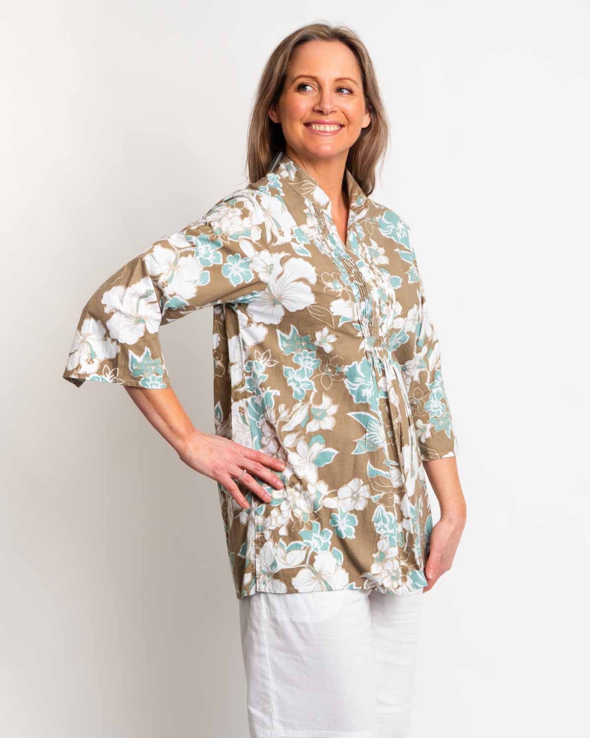 Sleeved and Pleated Summer Top in Olive Green Floral