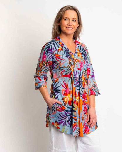 Long Pleated Top with Subtle Frills and 3/4 Raglan Sleeve in Grey Blue Jungle Leaves