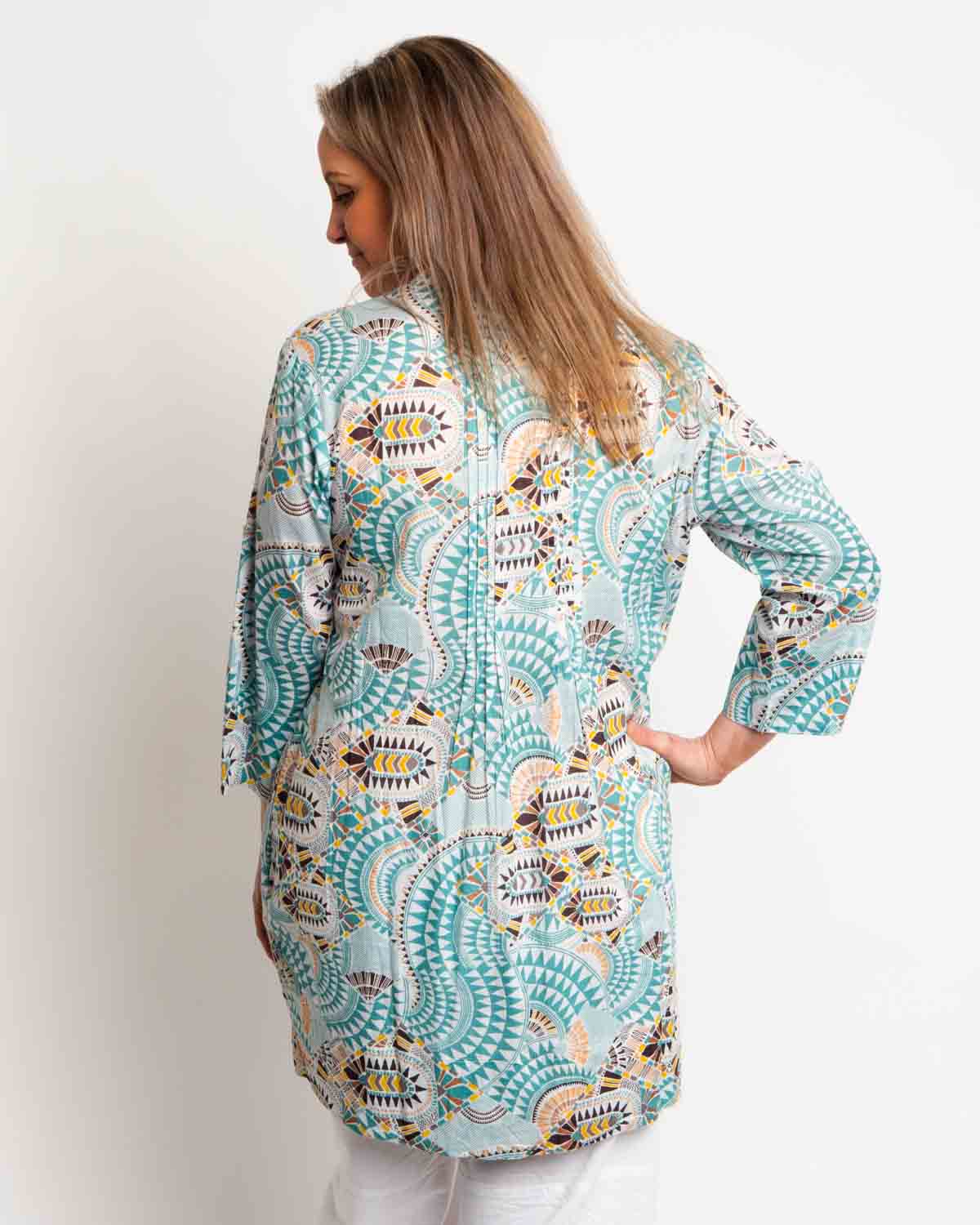 Pleated Long V-neck Top in Aqua Geo