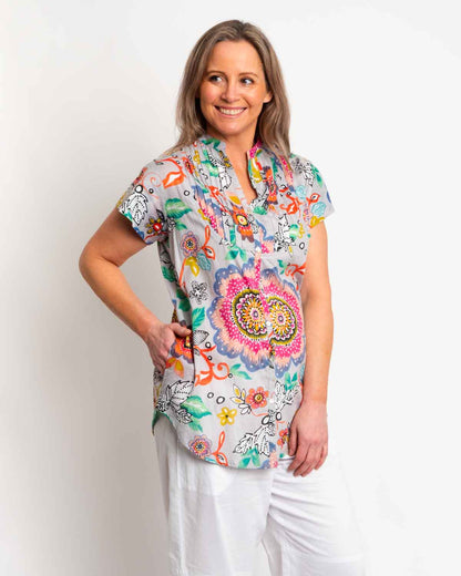Magnetic Cap Sleeve Shirt in Grey Pink Garden