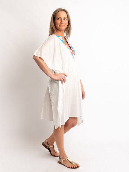 Beaded V-neck Flowing White Kaftan