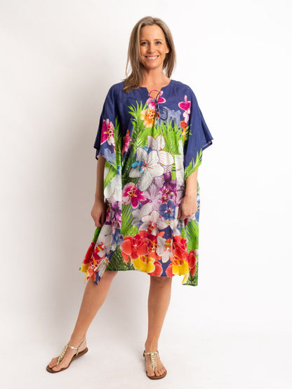 V-neck Dress Length Kaftan in Embroidered Blue Floral