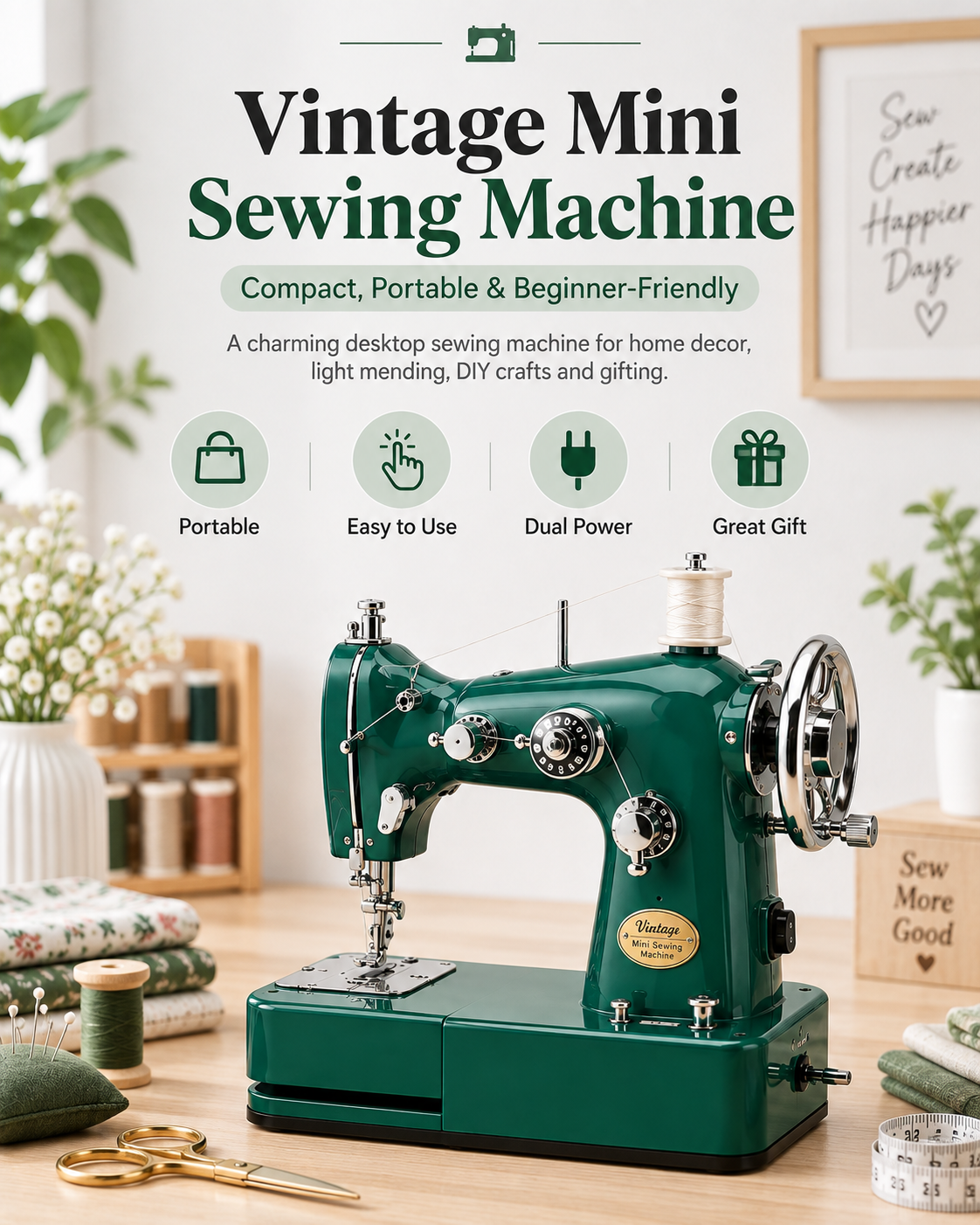 Vintage Mini Sewing Machine, Portable Dual‑Power Sewing Kit for Home DIY & Mending