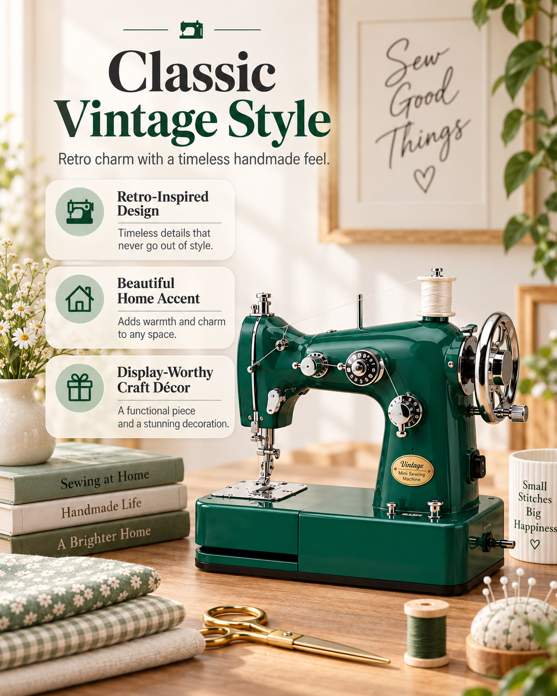 Vintage Mini Sewing Machine, Portable Dual‑Power Sewing Kit for Home DIY & Mending