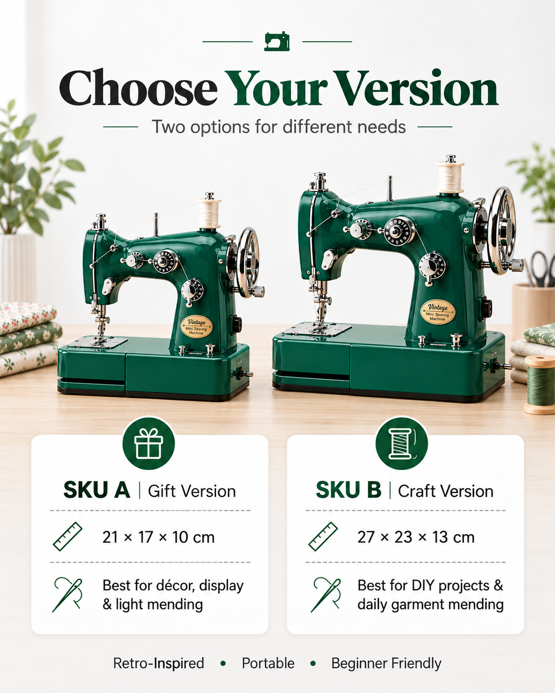 Vintage Mini Sewing Machine, Portable Dual‑Power Sewing Kit for Home DIY & Mending