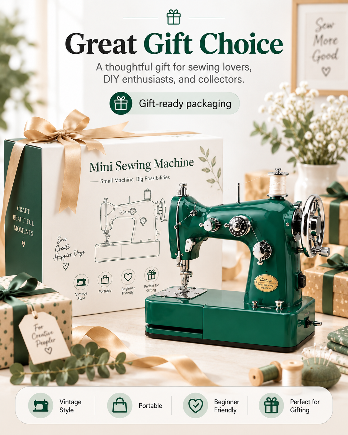 Vintage Mini Sewing Machine, Portable Dual‑Power Sewing Kit for Home DIY & Mending