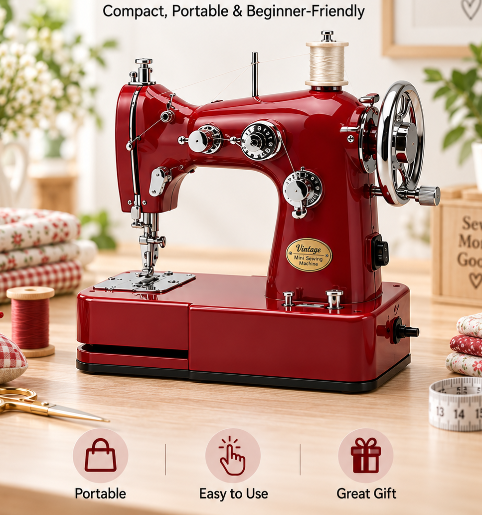 Vintage Mini Sewing Machine, Portable Dual‑Power Sewing Kit for Home DIY & Mending