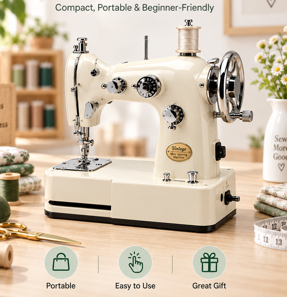 Vintage Mini Sewing Machine, Portable Dual‑Power Sewing Kit for Home DIY & Mending