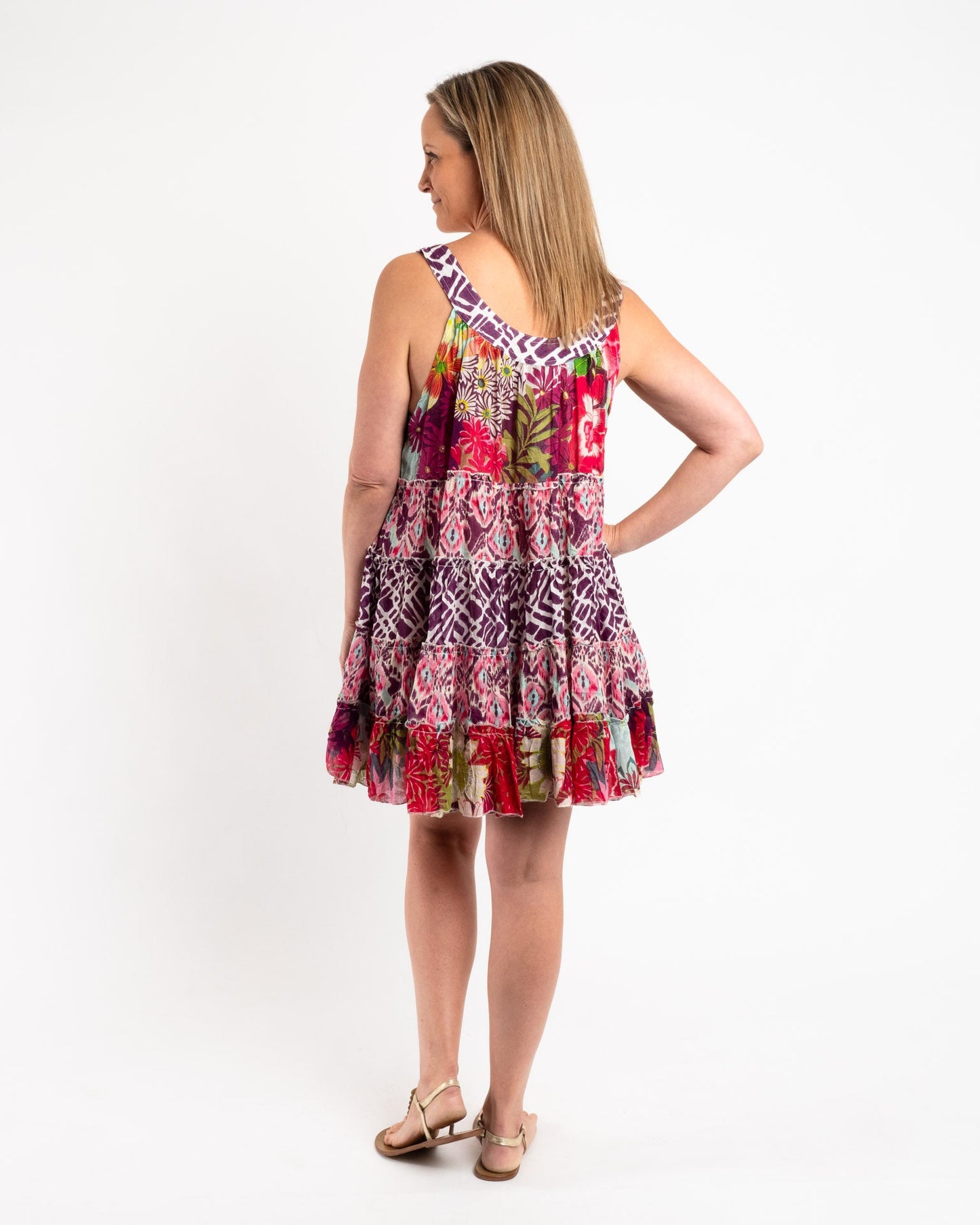 Mixed Print Panelled Short Dress in Pink Garden