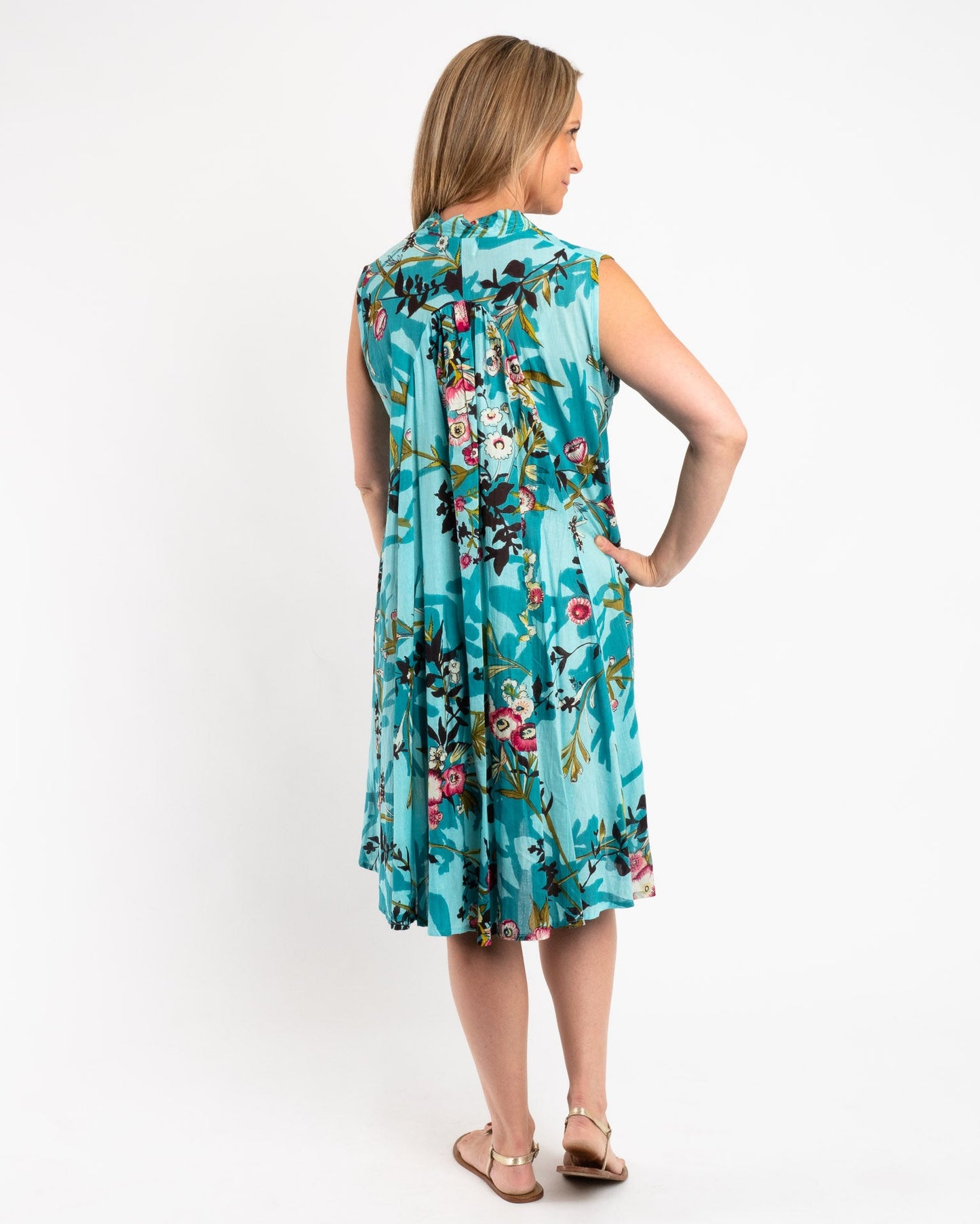 A-line Sleeveless Dress in Turquoise Japanese Garden