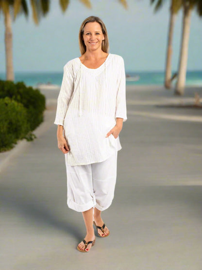 Beaded Kurta Style Top in White