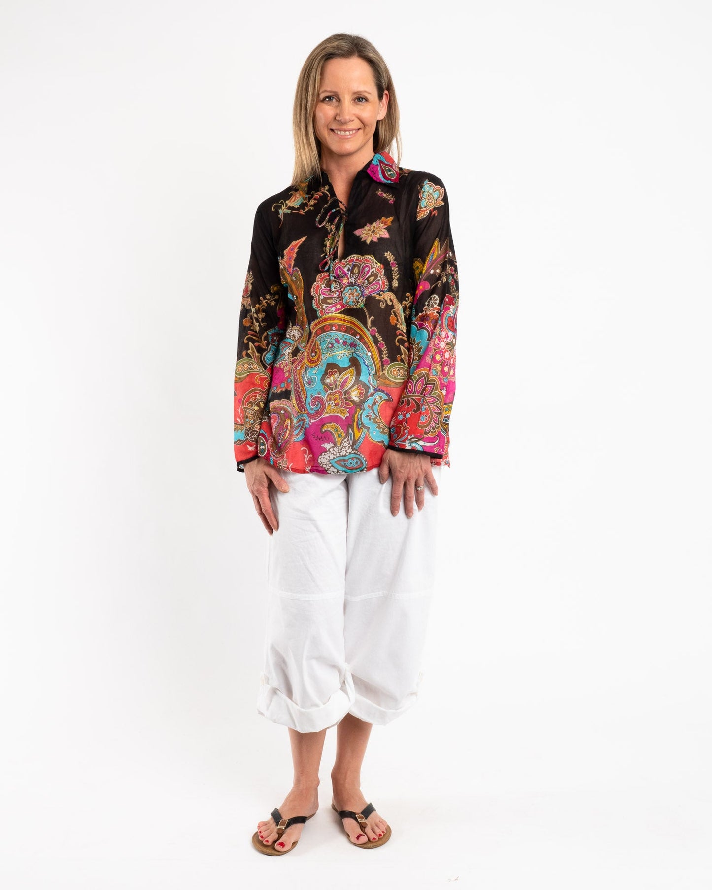 Collared Long Sleeve Top in Paisley Black Floral