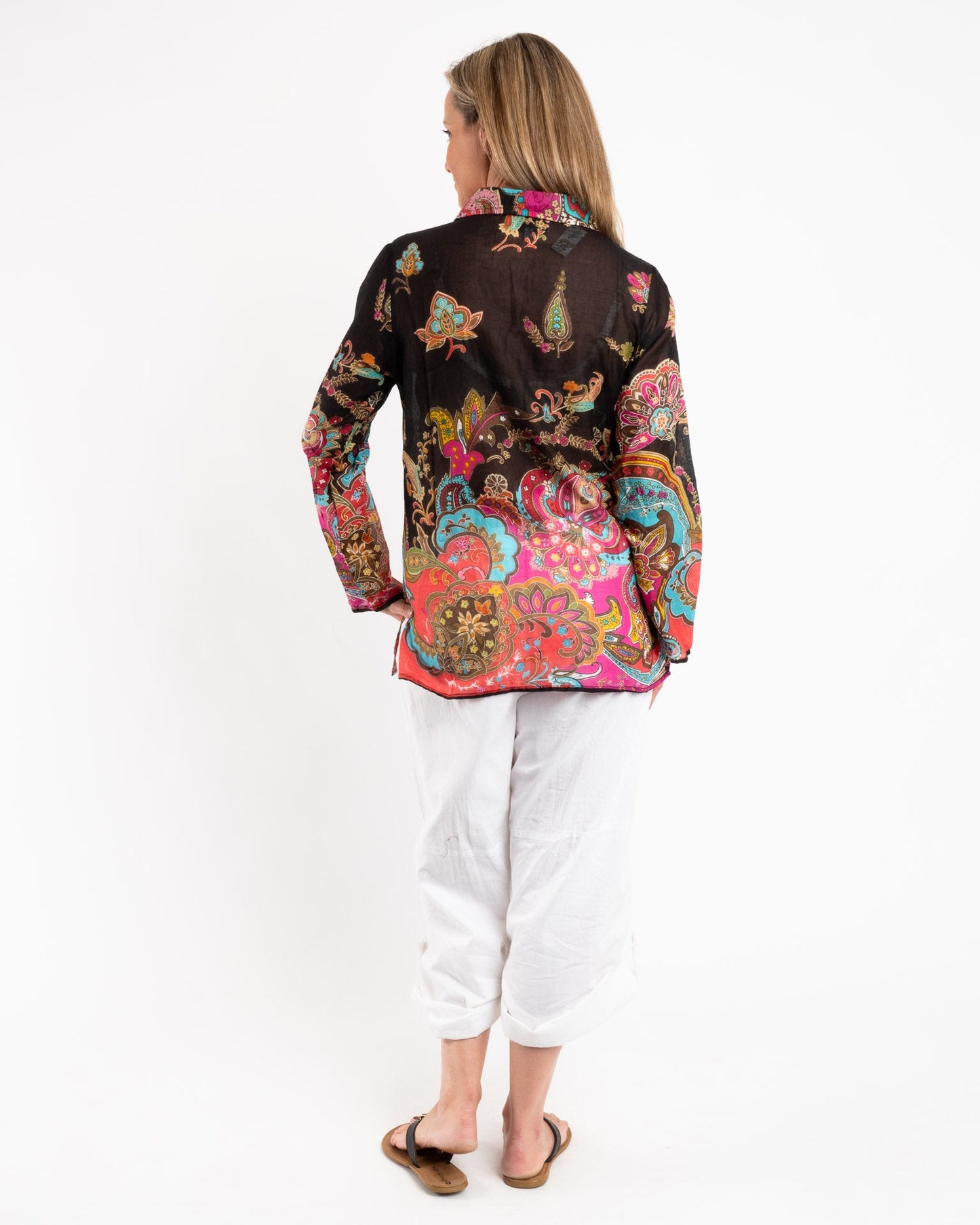 Collared Long Sleeve Top in Paisley Black Floral