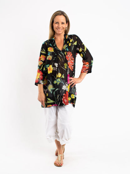 Pleated Long Top in Black Floral