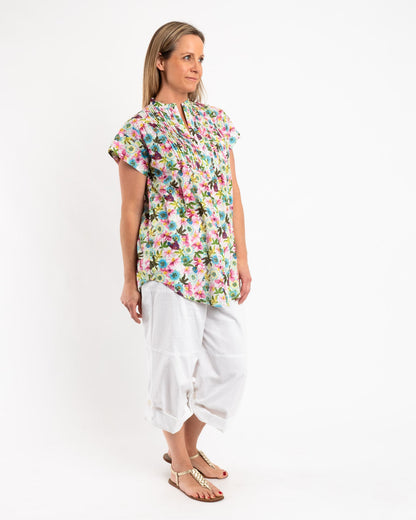 Cap Sleeve Shirt in Lime Pink Floral