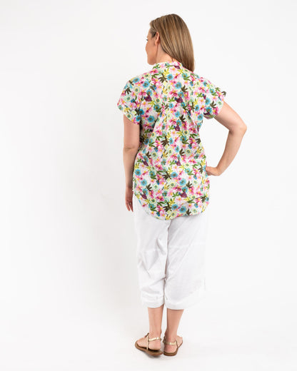 Cap Sleeve Shirt in Lime Pink Floral