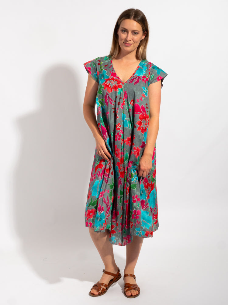 Maheno Dress in Grey Red Floral