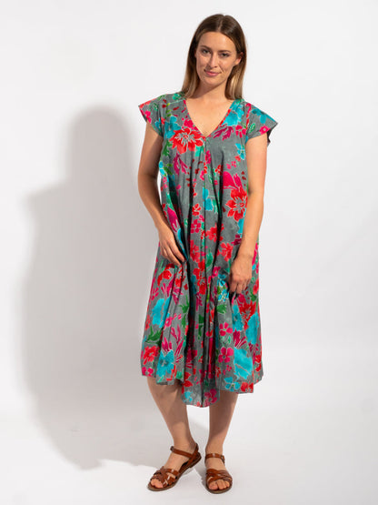 Maheno Dress in Grey Red Floral