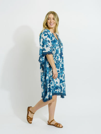 Bedarra Kaftan in Blue on White Floral