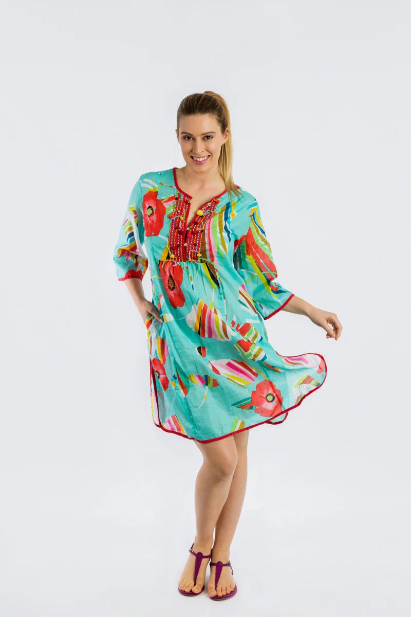 Bangalow Boho Dress in Turquoise Poppies
