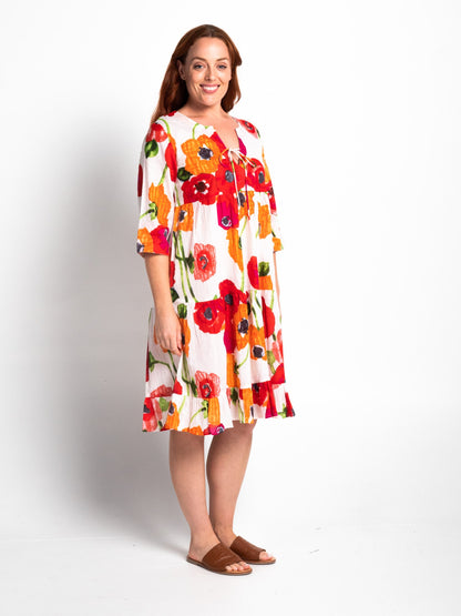 Keppel V-neck Gypsy Dress in Orange and Red Poppies