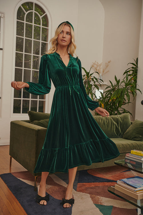 Charleston Ruffle Velvet Midi Dress