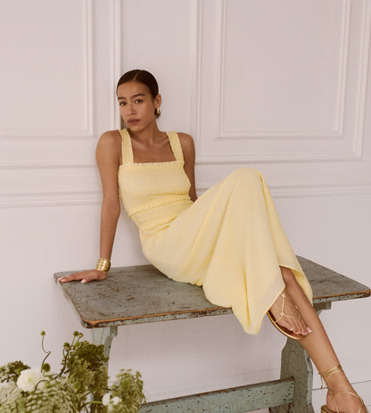 The Azalea Maxi Nap Dress - Butter Yellow Tonal Seersucker