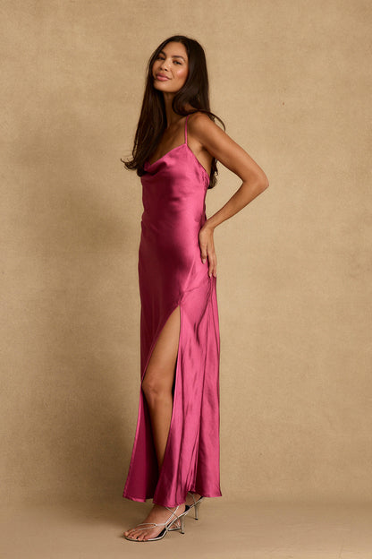 Natalia Fuchsia Satin Maxi Dress