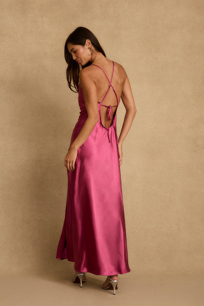 Natalia Fuchsia Satin Maxi Dress