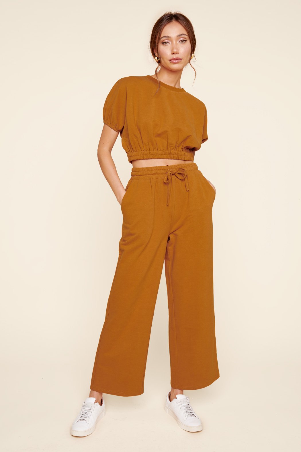 Deanna Dolman Puff Sleeve French Terry Knit Crop Top